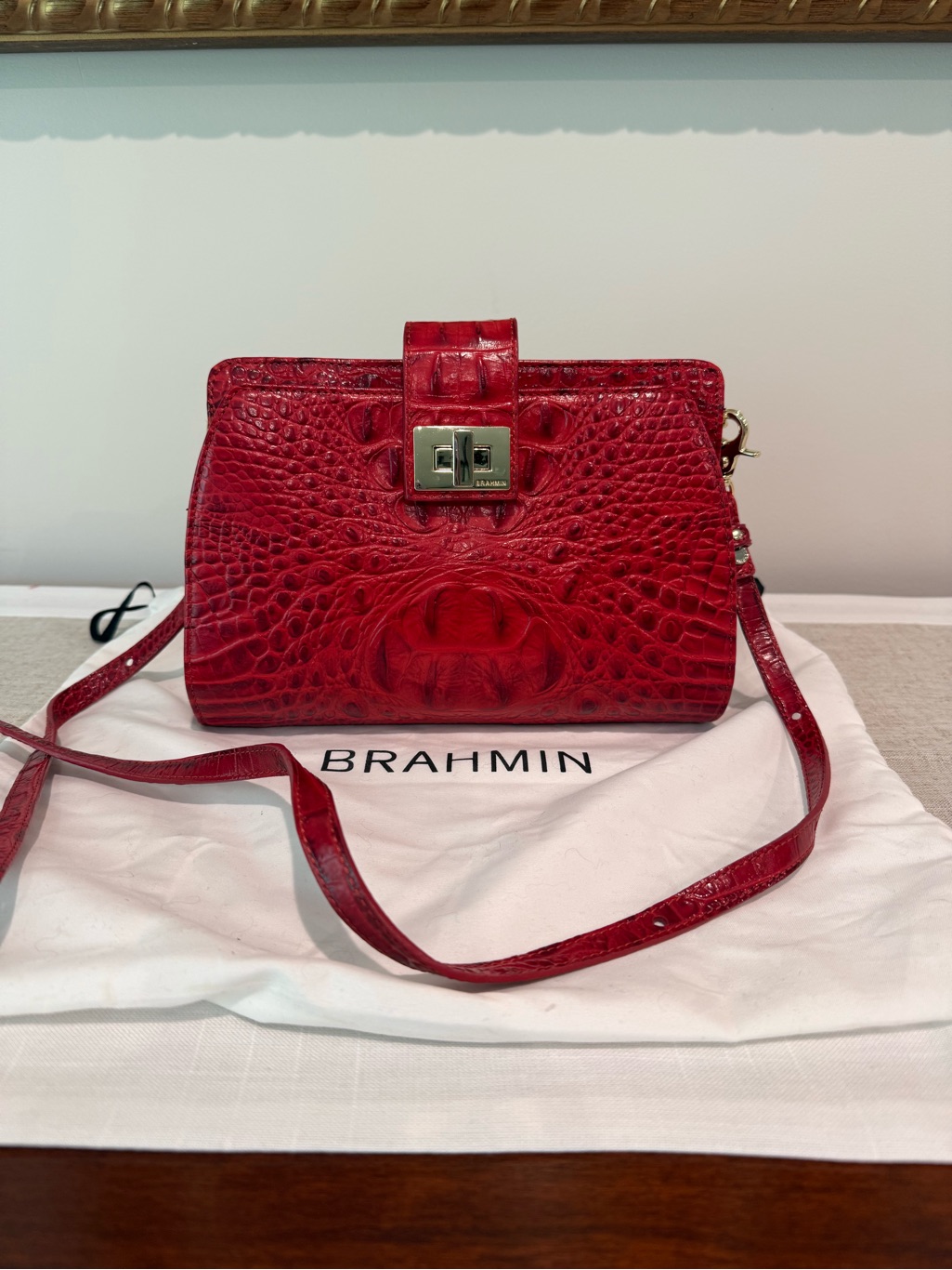 Brahmin Red Croc-Embossed Leather Turn-Lock Crossbody